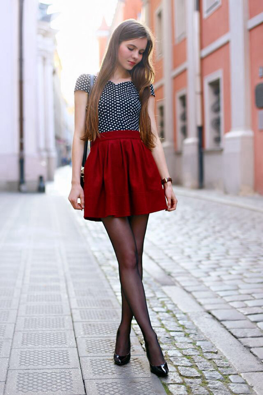 Black And White Polka Dot Blouse Red Skirt Black Tights