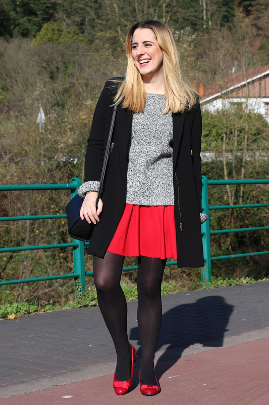 red skirt winter outfit
