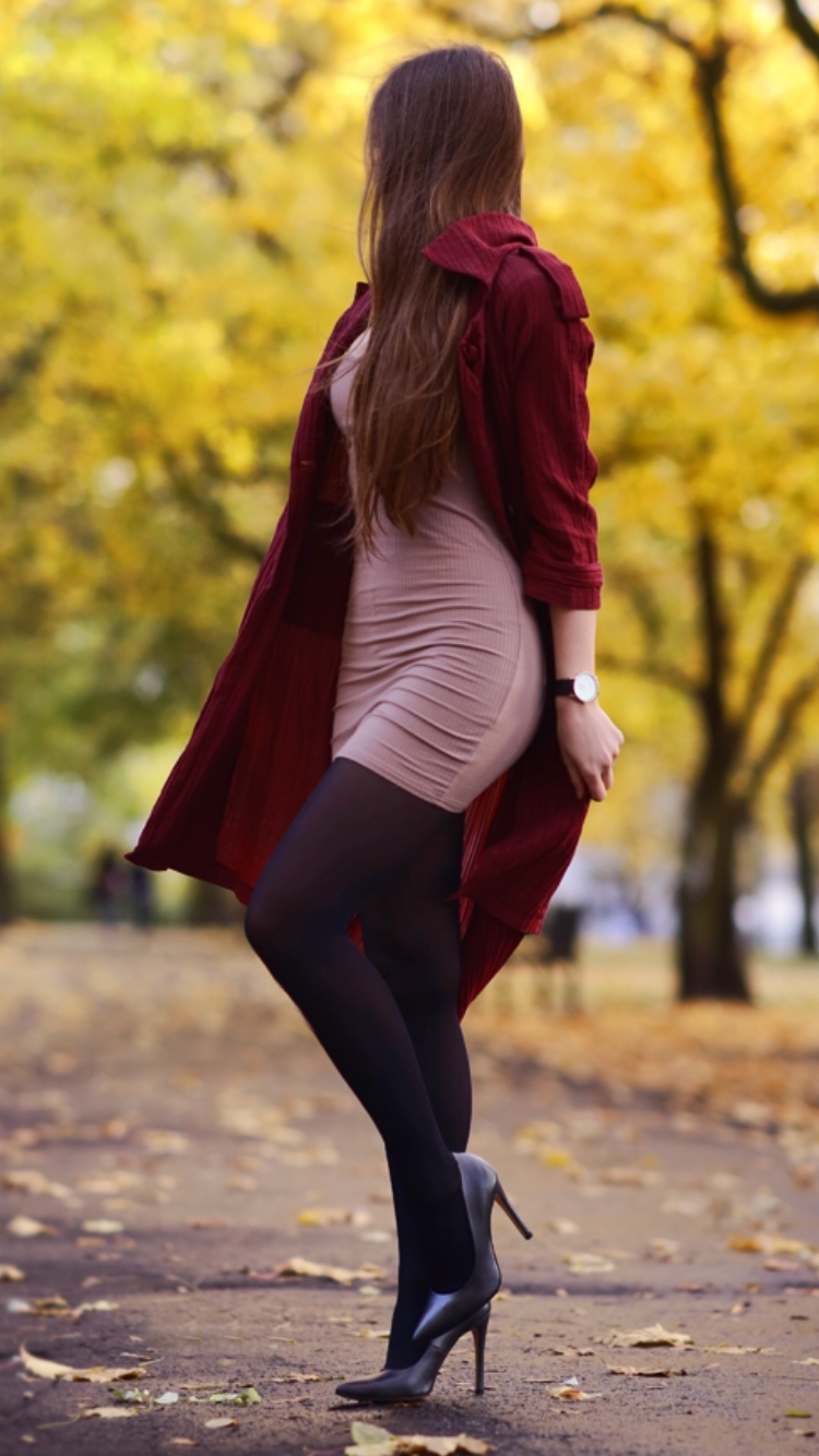 Burgundy long coat, tight black dress, black tights and high heels with tip  - Fashion Tights