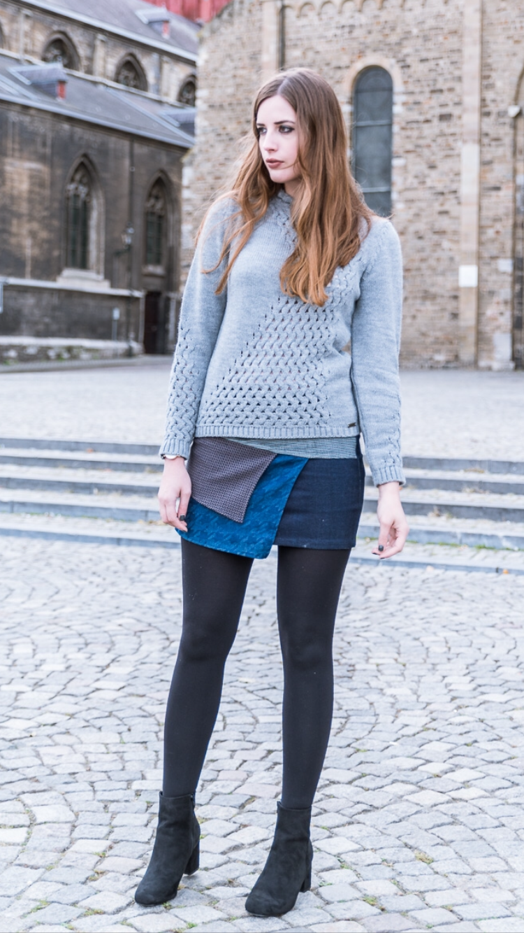 Grey sweater and denim skirt in Maastricht - Fashion Tights