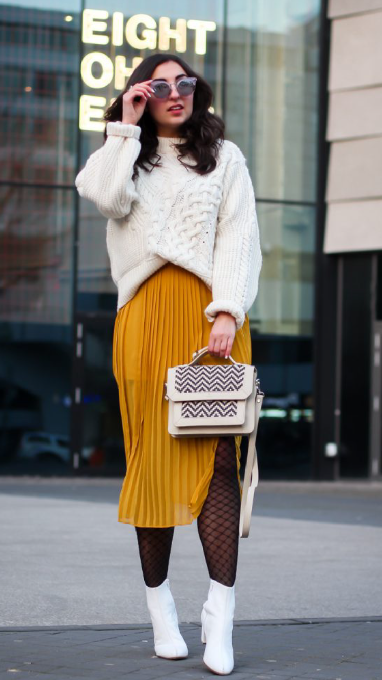 White Boots and Midi Skirt - Fashion Tights