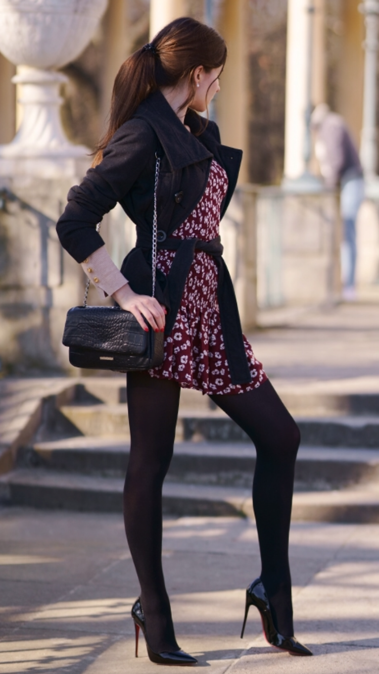 Burgundy dress with flowers, black covering tights and black high